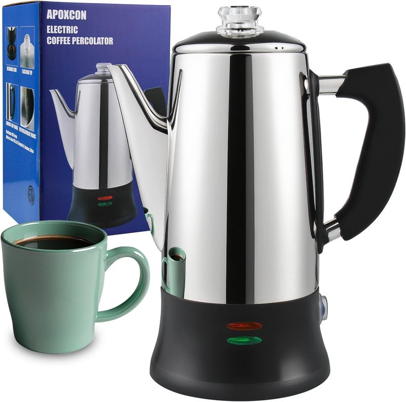 APOXCON Electric Coffee Percolator Stainless Steel Coffee Maker with Heat Resistant Tough Glass Clear Brew Progress Knob, Classic Coffee Pot with Keep Warm Cordless Serve Cool Touch Handle 12 Cup - Image 1